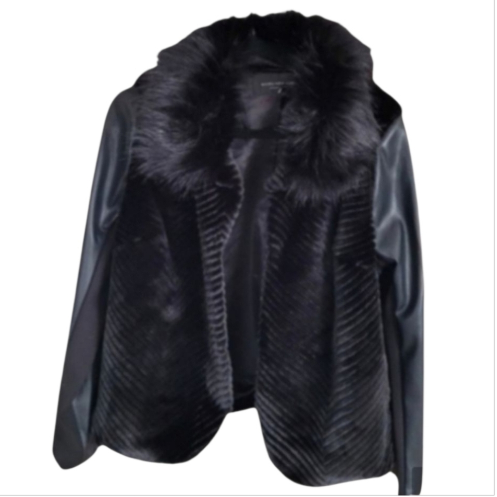 NWT Andrew Marc Black Faux Fur & Leather Trim Jacket Size L